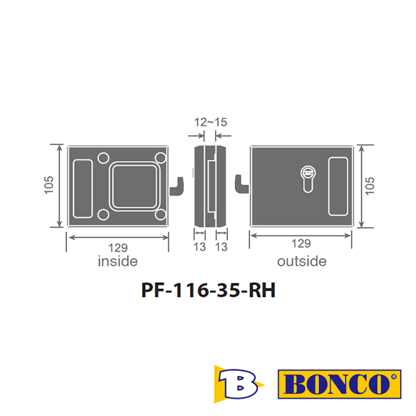 Glass Hook Lock (Outside with Key) Bonco PF116 35 