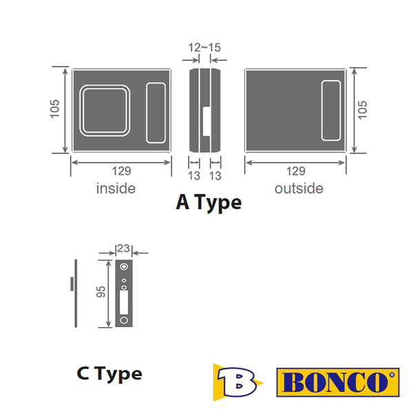 Glass Hook Lock (Outside with Emergency Release)(Inside with Thumbturn) Bonco PF116 65 